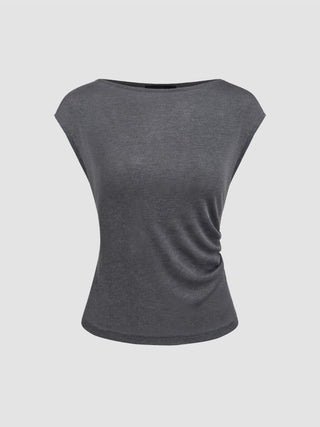 Boat Neck Solid Ruched Short Sleeve Top