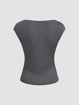 Boat Neck Solid Ruched Short Sleeve Top