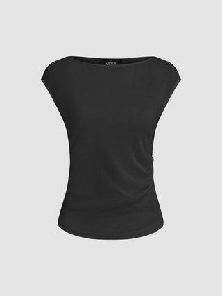 Boat Neck Solid Ruched Short Sleeve Top