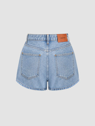 Denim Mid Rise Cherry Embroidery Straight Leg Micro Shorts
