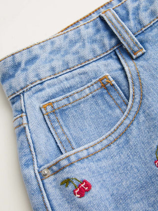 Denim Mid Rise Cherry Embroidery Straight Leg Micro Shorts