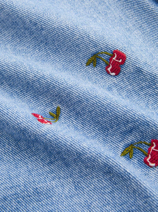 Denim Mid Rise Cherry Embroidery Straight Leg Micro Shorts