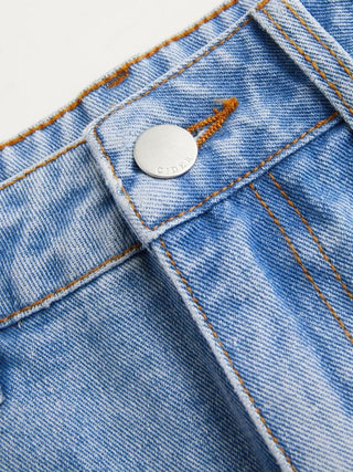 Denim Mid Rise Cherry Embroidery Straight Leg Micro Shorts