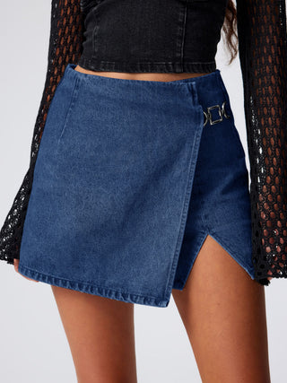 Denim Mid Waist Split Mini Skort
