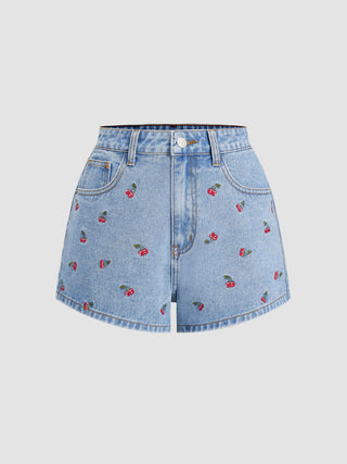 Denim Mid Rise Cherry Embroidery Straight Leg Micro Shorts