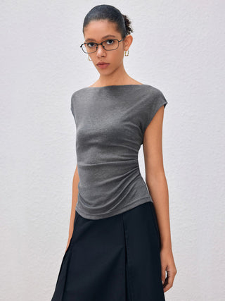 Boat Neck Solid Ruched Short Sleeve Top