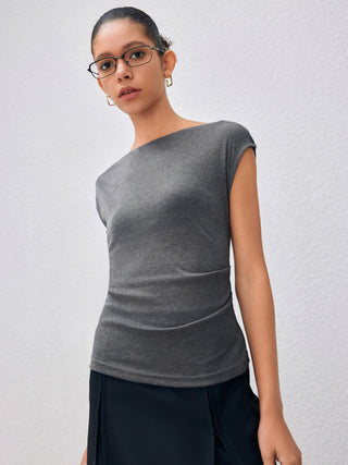Boat Neck Solid Ruched Short Sleeve Top