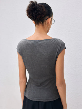 Boat Neck Solid Ruched Short Sleeve Top