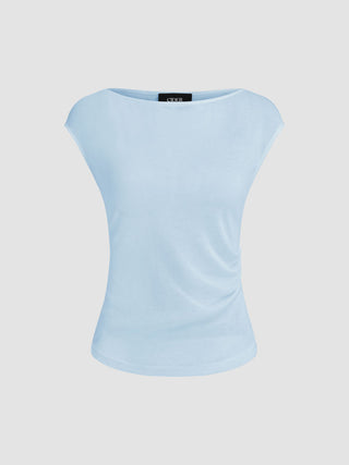 Boat Neck Solid Ruched Short Sleeve Top