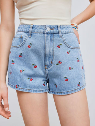 Denim Mid Rise Cherry Embroidery Straight Leg Micro Shorts