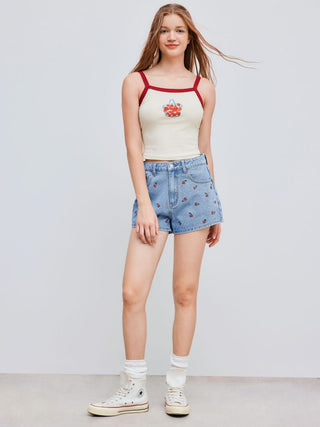 Denim Mid Rise Cherry Embroidery Straight Leg Micro Shorts