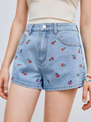Denim Mid Rise Cherry Embroidery Straight Leg Micro Shorts