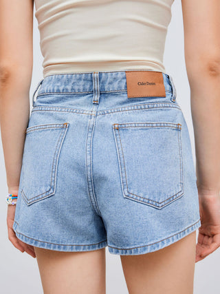 Denim Mid Rise Cherry Embroidery Straight Leg Micro Shorts