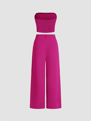 Two Piece Sets Woven Solid Shirred Tube Top & High Waist Pants Set For Daily Casual Exhibition Coffee Shop