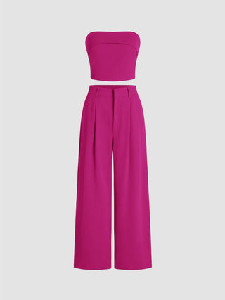 Two Piece Sets Woven Solid Shirred Tube Top & High Waist Pants Set For Daily Casual Exhibition Coffee Shop