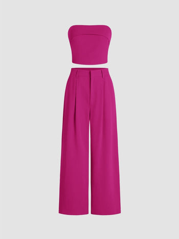 Two Piece Sets Woven Solid Shirred Tube Top & High Waist Pants Set For Daily Casual Exhibition Coffee Shop