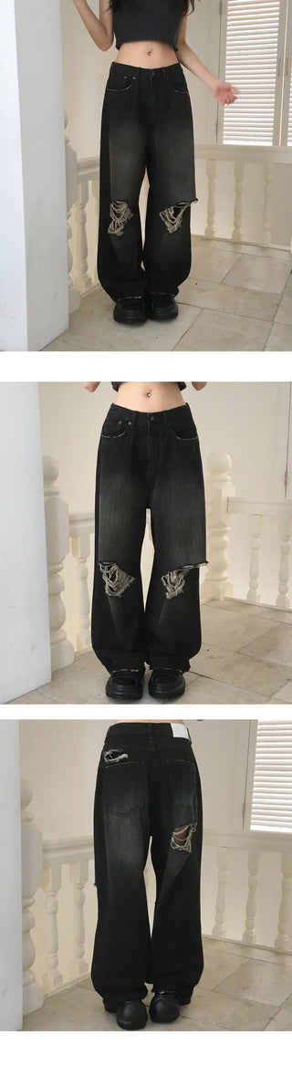 KARINA Front and back damage Faded unique black Black Denim pants