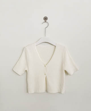 (Short-sleeved/Long-sleeved) Pastel Cropped V-neck Slim Button Ribbed Cardigan