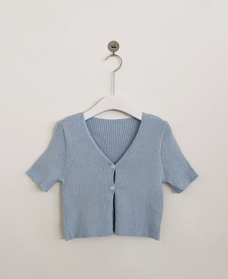 (Short-sleeved/Long-sleeved) Pastel Cropped V-neck Slim Button Ribbed Cardigan