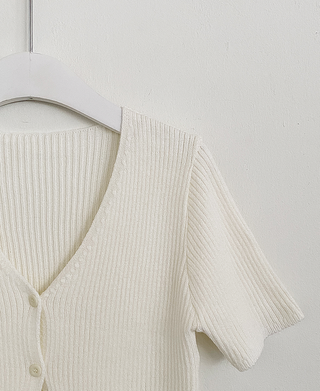 (Short-sleeved/Long-sleeved) Pastel Cropped V-neck Slim Button Ribbed Cardigan