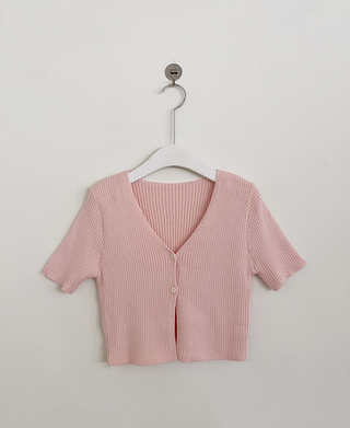 (Short-sleeved/Long-sleeved) Pastel Cropped V-neck Slim Button Ribbed Cardigan