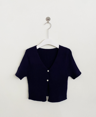 (Short-sleeved/Long-sleeved) Pastel Cropped V-neck Slim Button Ribbed Cardigan