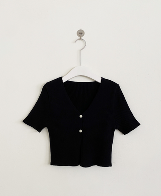 (Short-sleeved/Long-sleeved) Pastel Cropped V-neck Slim Button Ribbed Cardigan