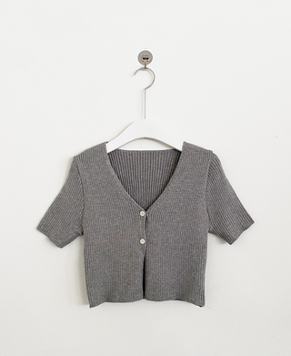 (Short-sleeved/Long-sleeved) Pastel Cropped V-neck Slim Button Ribbed Cardigan