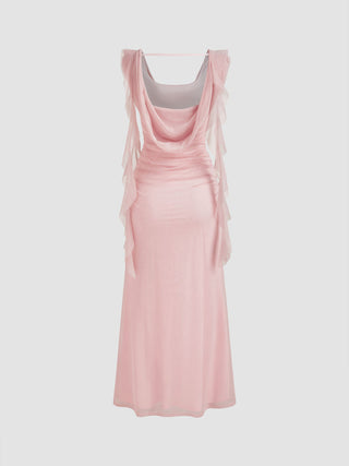 Cowl Neck Solid Ruffle Hem Ruched Maxi Dress