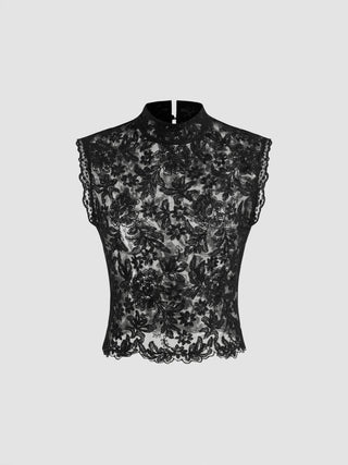 Lace Mandarin Collar Floral See-through Tank Top