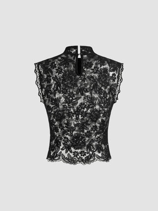 Lace Mandarin Collar Floral See-through Tank Top