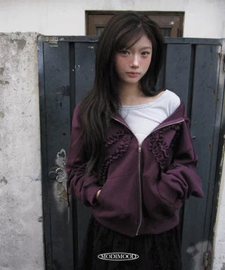 Fur-free lace frill hooded top - 2 colors
