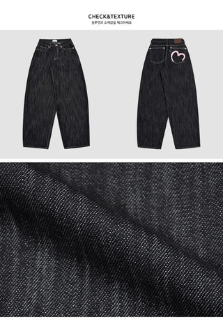 Model-praised pink heart Raw denim back point wide denim