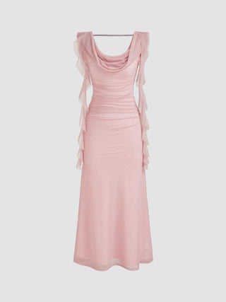Cowl Neck Solid Ruffle Hem Ruched Maxi Dress
