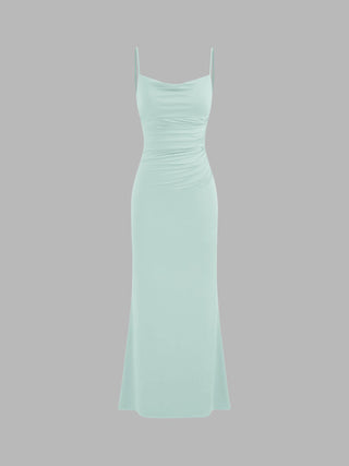 Cowl Neck Ruched Backless Maxi Dress