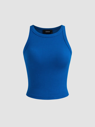 Cotton-blend Round Neckline Solid Tank Top