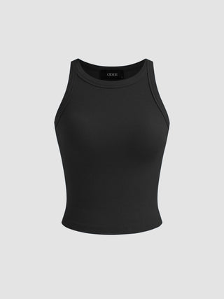 Cotton-blend Round Neckline Solid Tank Top