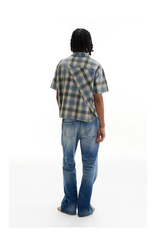 CONP Asymmetric bias-cut plaid shirt (blue)