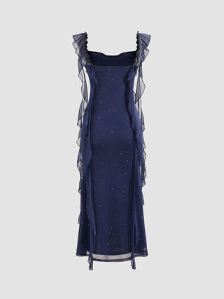 Cowl Neck Solid Glitter Ruffle Hem Maxi Dress