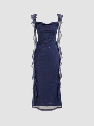 Cowl Neck Solid Glitter Ruffle Hem Maxi Dress