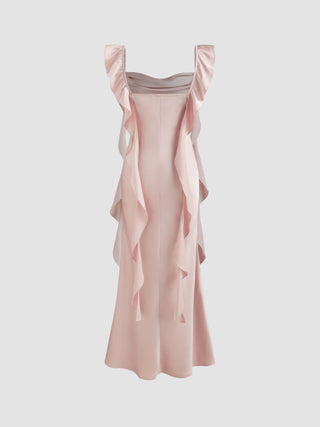 Satin Cowl Neck Solid Ruffle Hem Maxi Dress