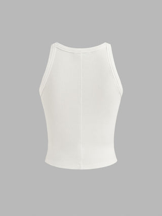 Cotton-blend Round Neckline Solid Tank Top