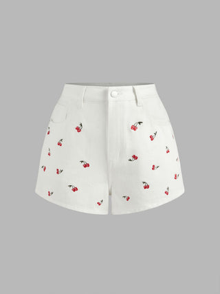 Denim Mid Rise Cherry Embroidery Straight Leg Micro Shorts