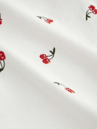 Denim Mid Rise Cherry Embroidery Straight Leg Micro Shorts