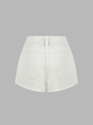 Denim Mid Rise Cherry Embroidery Straight Leg Micro Shorts