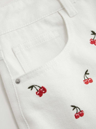 Denim Mid Rise Cherry Embroidery Straight Leg Micro Shorts