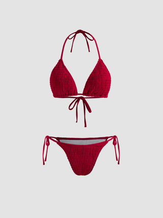 Solid Smocked Triangle Bikini Set