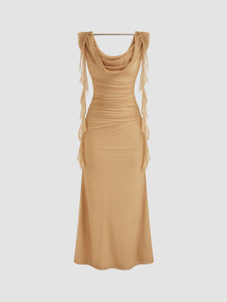 Cowl Neck Solid Ruffle Hem Ruched Maxi Dress