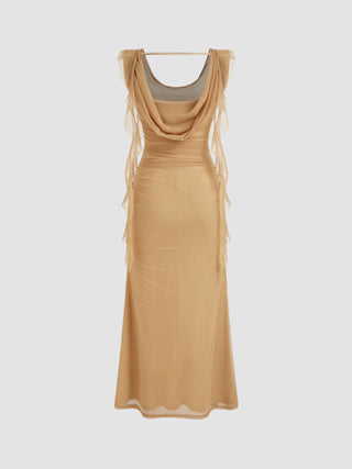 Cowl Neck Solid Ruffle Hem Ruched Maxi Dress