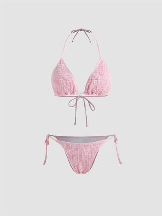Solid Smocked Triangle Bikini Set